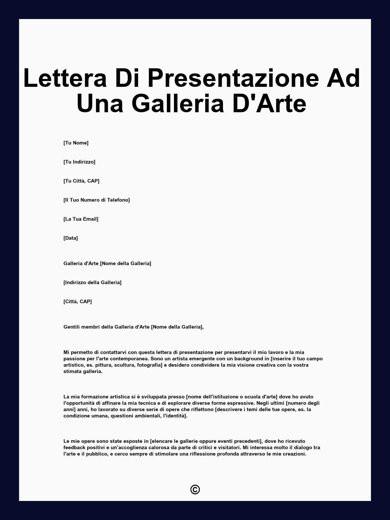 Lettera Di Presentazione Ad Una Galleria D'Arte