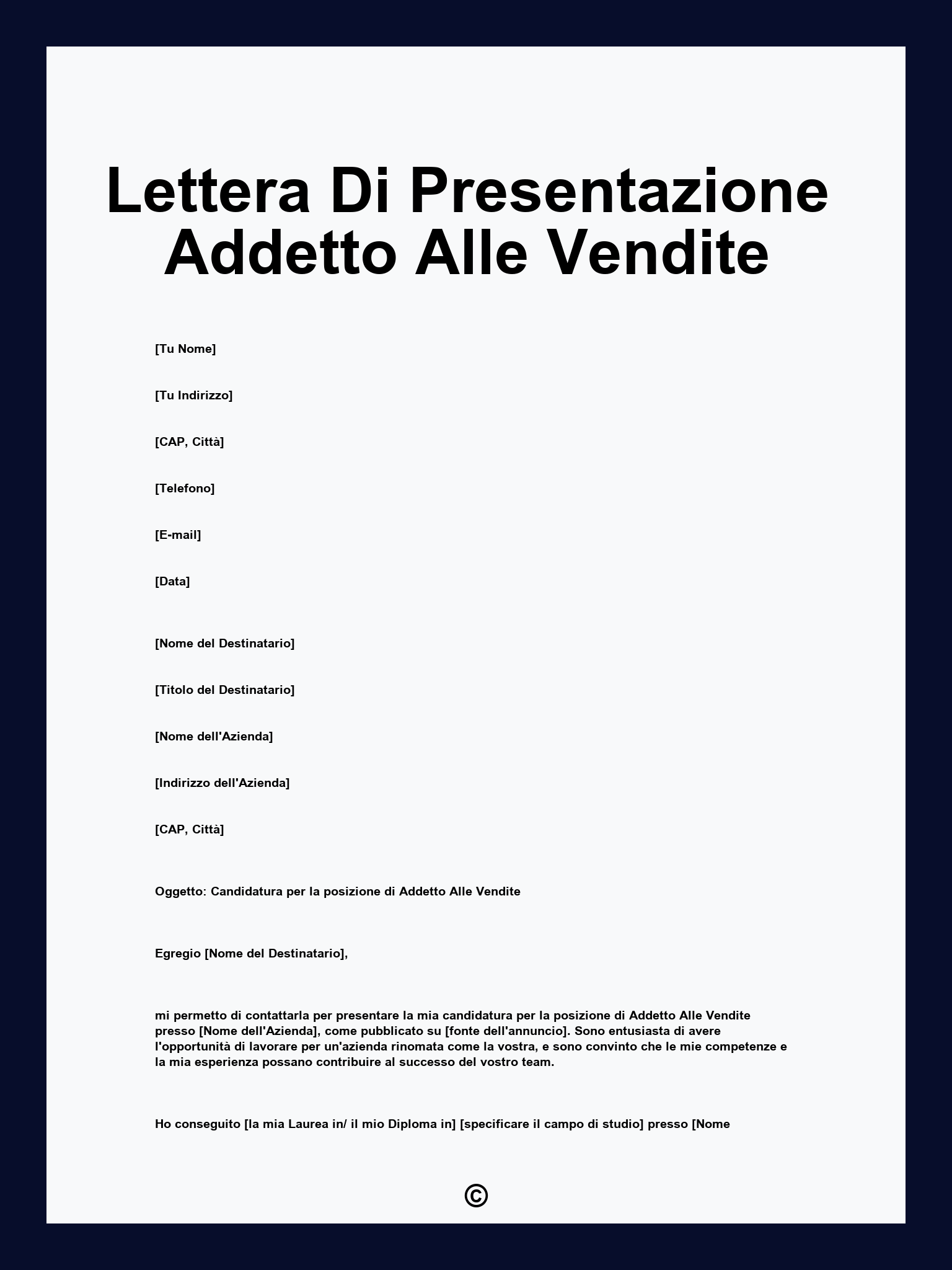 Lettera Di Presentazione Addetto Alle Vendite