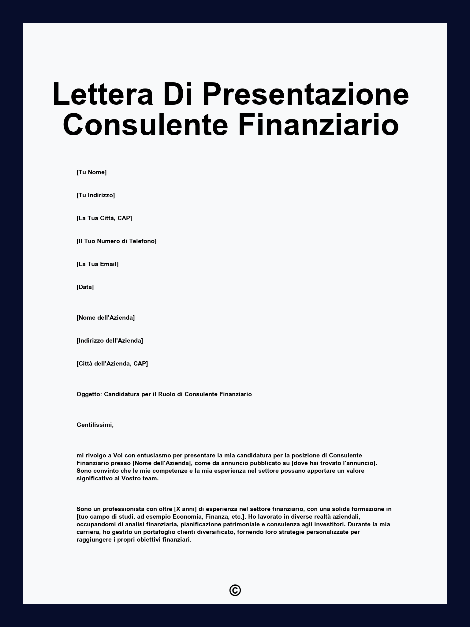 Lettera Di Presentazione Consulente Finanziario