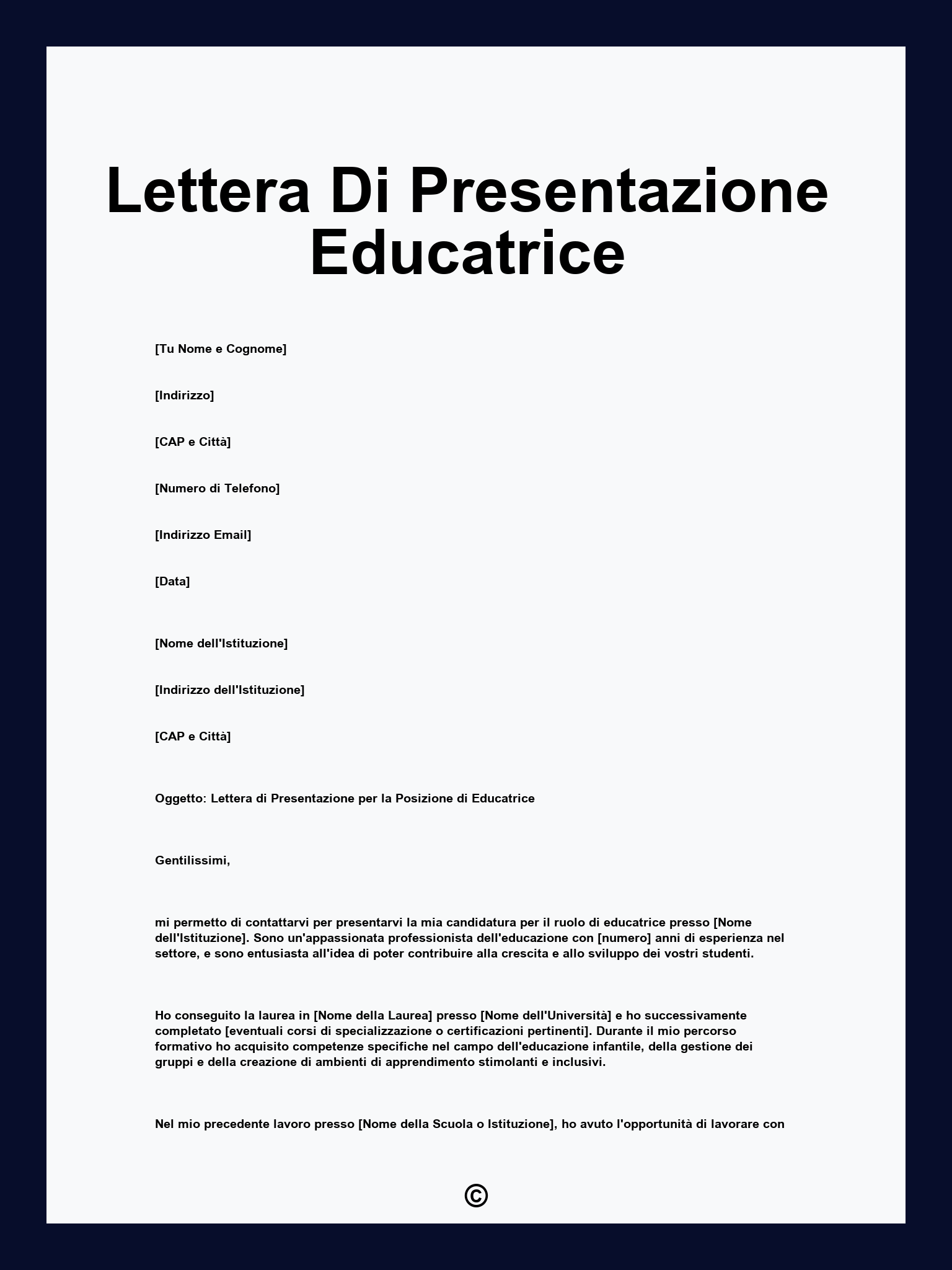 Lettera Di Presentazione Educatrice