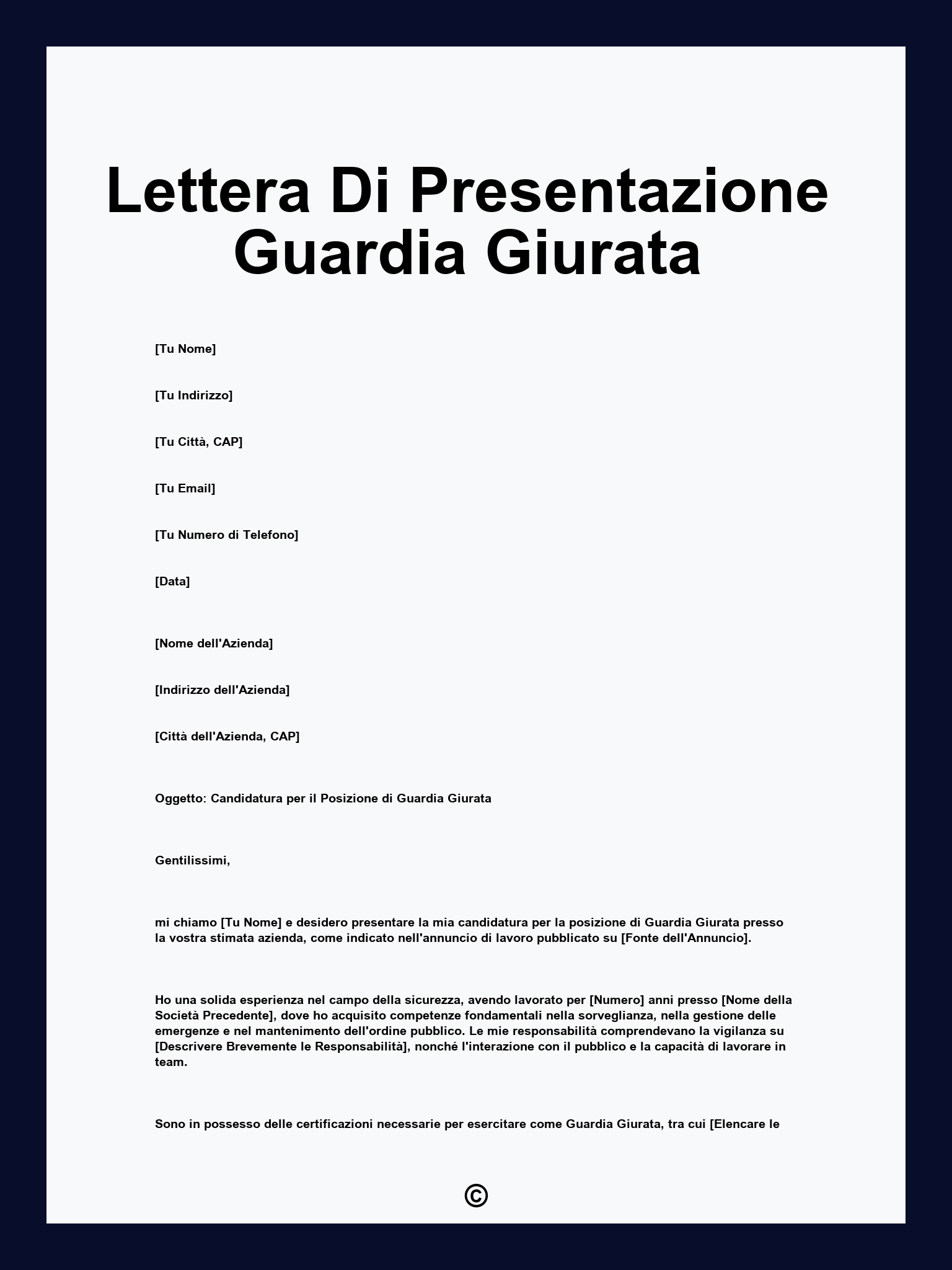 Lettera Di Presentazione Guardia Giurata