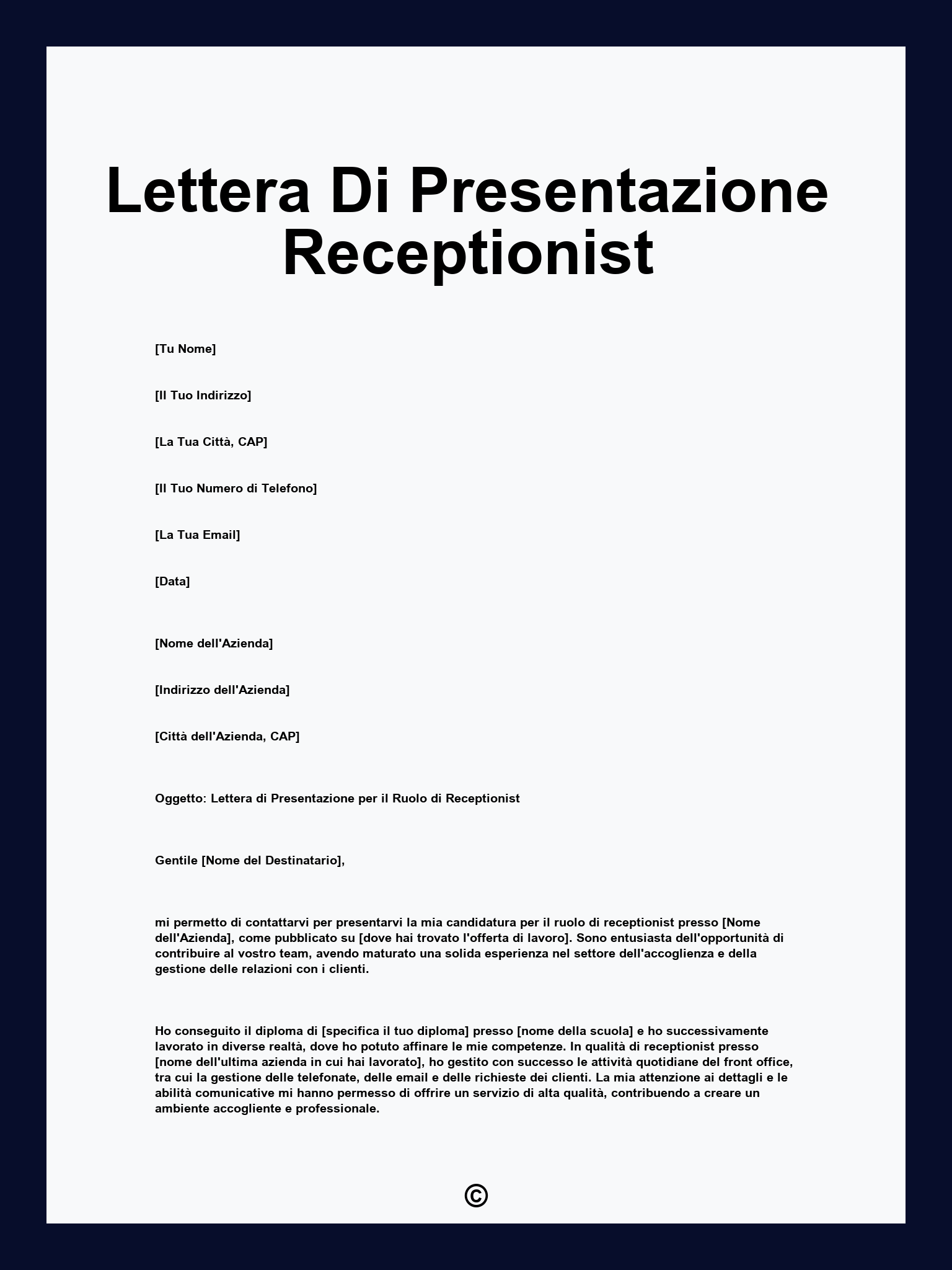 Lettera Di Presentazione Receptionist