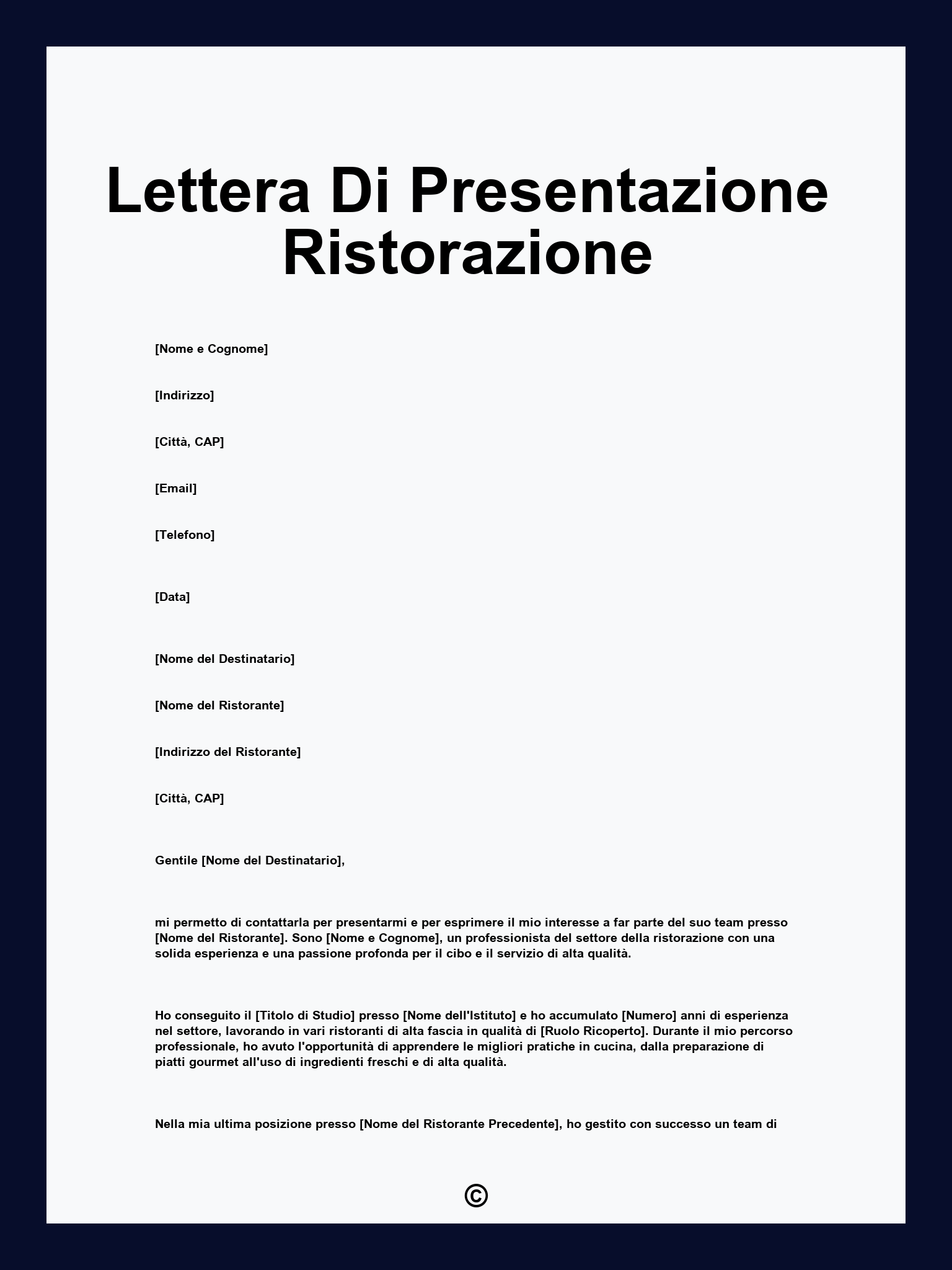 Lettera Di Presentazione Ristorazione