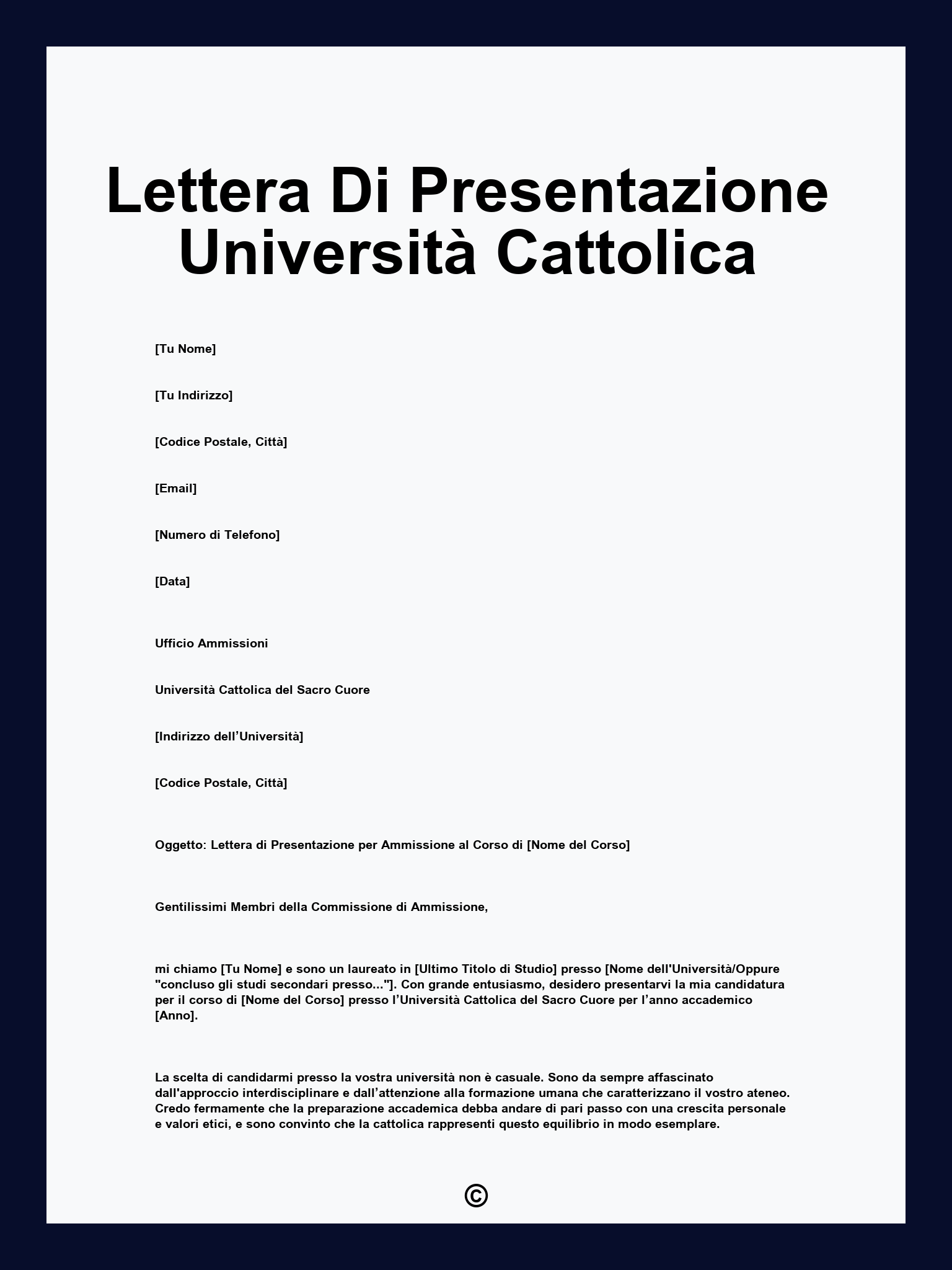 Lettera Di Presentazione Università Cattolica